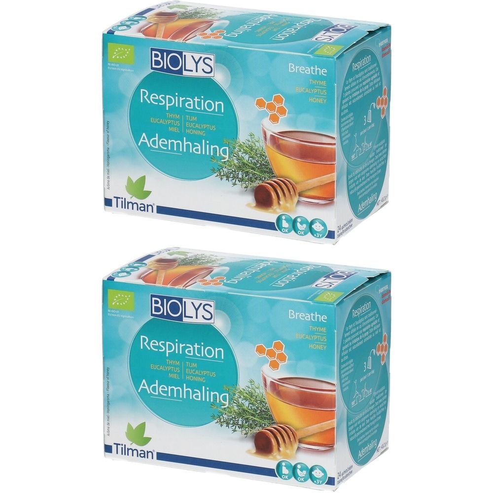 Deux boîtes de Biolys Thé Respiration. Inscription : Thym, Eucalyptus, Miel. Label bio. Illustration : thé au miel.