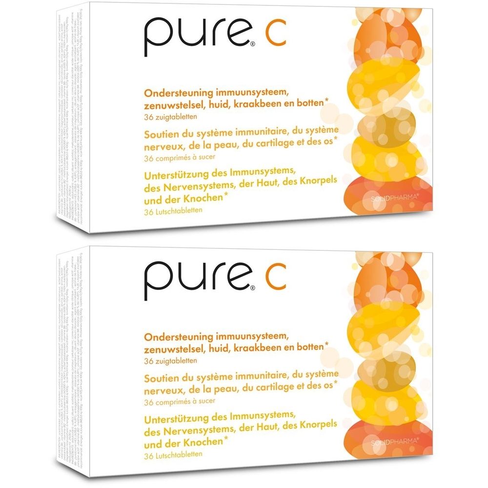Deux boîtes blanches avec le logo "pure.C". Texte en néerlandais, français et allemand. Illustration d'oranges.
