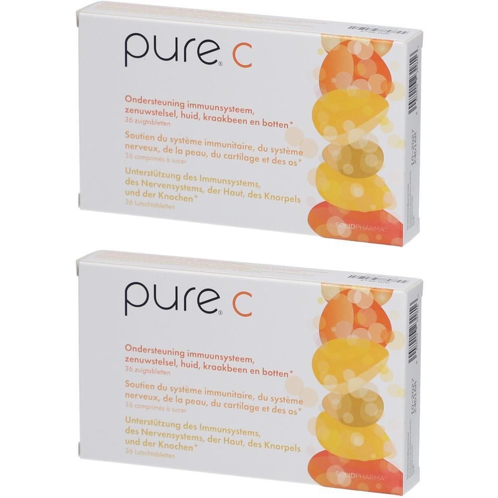 Deux boîtes blanches avec le logo "pure.C". Texte en néerlandais, français et allemand. Illustration d'oranges.