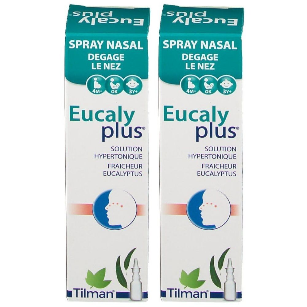 Deux boîtes de spray nasal Eucalyplus. Emballage blanc avec accents verts et bleus. Texte : Spray Nasal, Eucalyplus, Tilman.