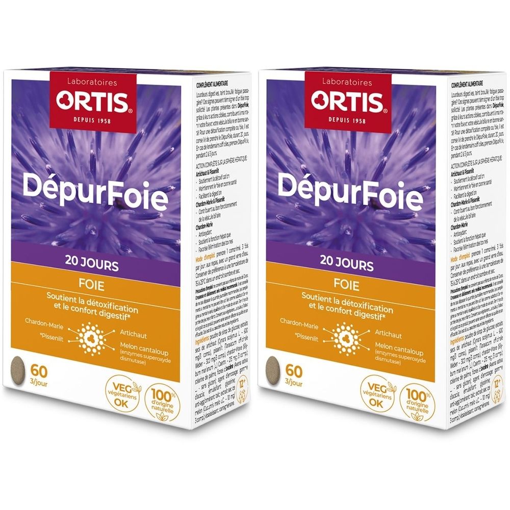 Deux boîtes ORTIS® Dépur'Foie. Inscription: 20 jours, Foie. Logo et texte. 60 comprimés. Produit végétalien.