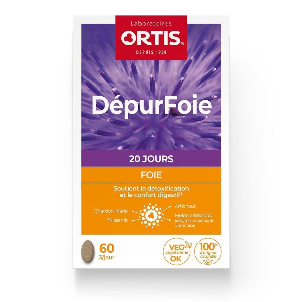 Gros plan sur un emballage ORTIS® Dépur'Foie. Inscription: 20 jours, Foie. Logo et texte. 60 comprimés. Produit végétalien.