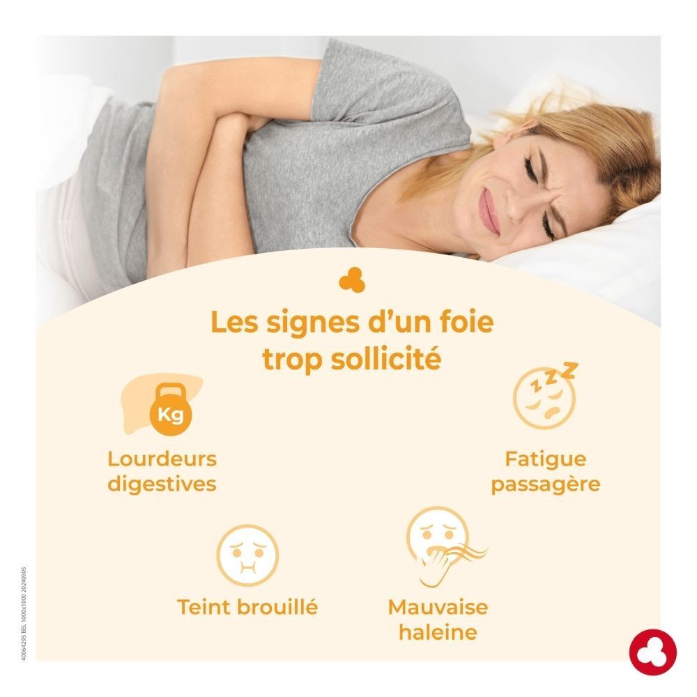 Femme allongée dans un lit, se tenant le ventre. Icônes de symptômes digestifs.