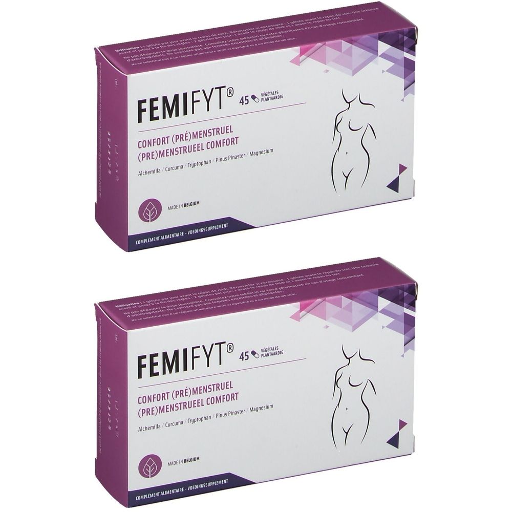 Deux boîtes rectangulaires. Inscription FEMIFYT, CONFORT (PRE)MENSTRUEL. Illustration d'une femme.