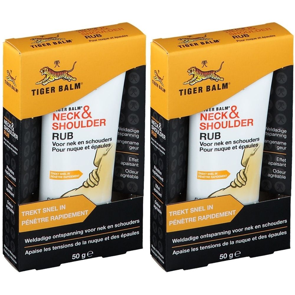 Deux boîtes de Tiger Balm® Neck & Shoulder Rub. Tube blanc dans boîte jaune et noire. Nom du produit et logo visibles.