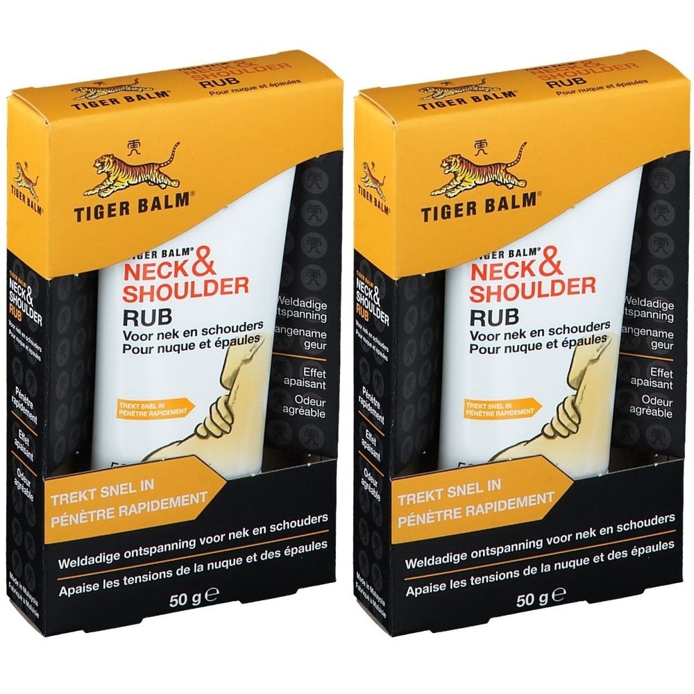Deux boîtes de Tiger Balm® Neck & Shoulder Rub. Tube blanc dans boîte jaune et noire. Nom du produit et logo visibles.