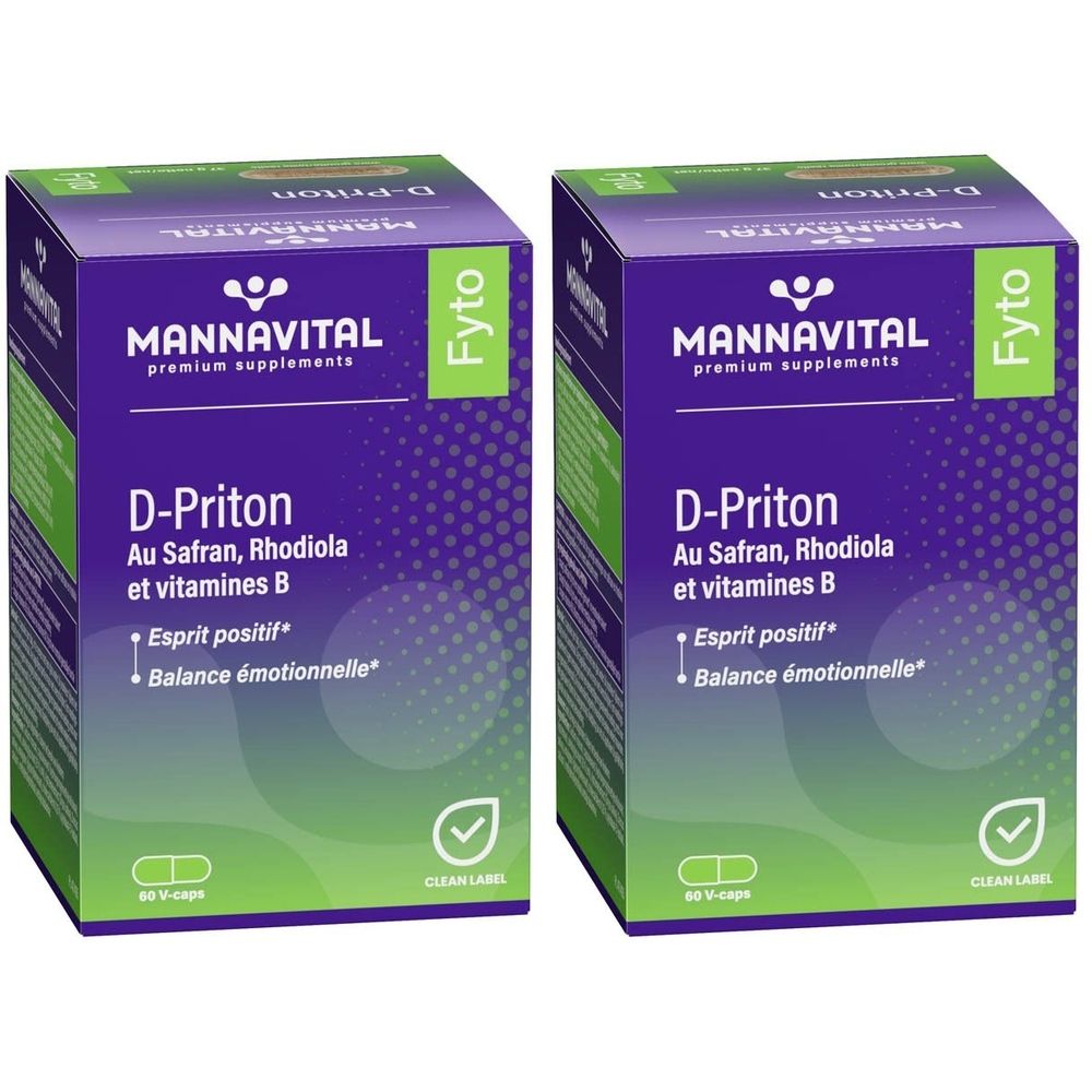 Deux boîtes violettes avec l'inscription MannaVital D-Priton. Contient 30 V-caps. Avec le logo 'Clean Label'.