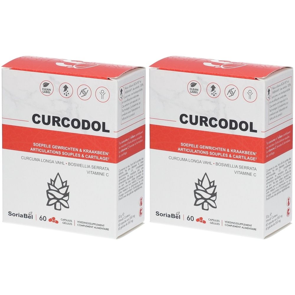Deux boîtes de Curcodol. Emballage rouge et blanc. Inscription Curcodol, Soria Natural, 60 capsules. Symboles et texte.