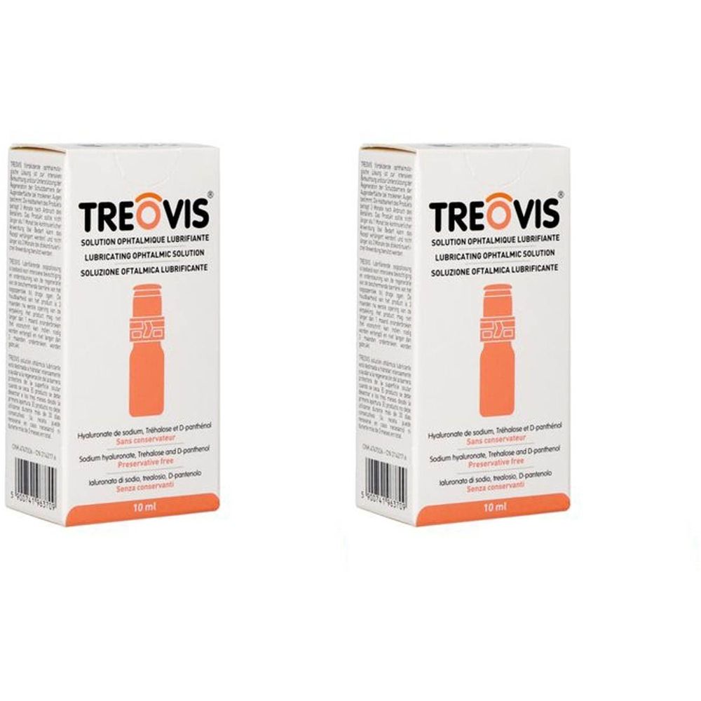 Deux boîtes blanches avec des accents orange. Inscription: TREOVIS, solution ophtalmique lubrifiante. Contient 10 ml.