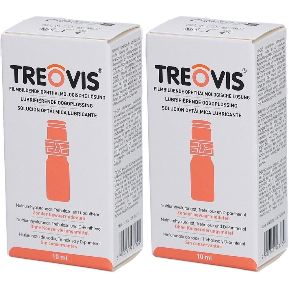 Deux boîtes blanches avec des accents orange. Inscription: TREOVIS, solution ophtalmique filmogène. Contient 10 ml.