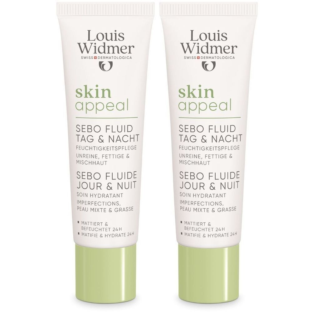 Deux tubes de Louis Widmer Skin Appeal Sebo Fluide. Blanc, texte et bouchon verts. Texte: Sebo Fluide Jour & Nuit, Soin Hydratant.