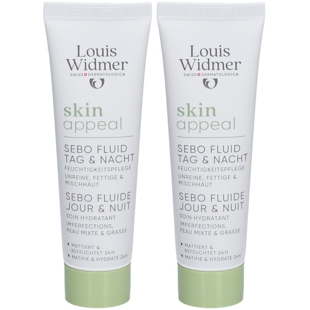 Deux tubes de Louis Widmer Skin Appeal Sebo Fluide. Blanc, texte et bouchon verts. Texte: Sebo Fluide Jour & Nuit, Soin Hydratant.