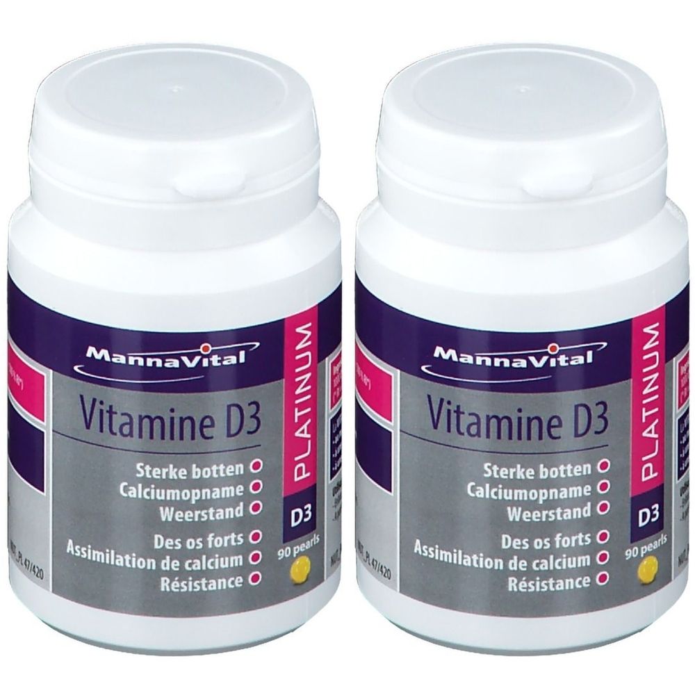 Deux flacons blancs avec étiquettes violettes. Inscription : MannaVital Vitamine D3 Platinum. Contient 90 perles. Informations supplémentaires sur l'étiquette.