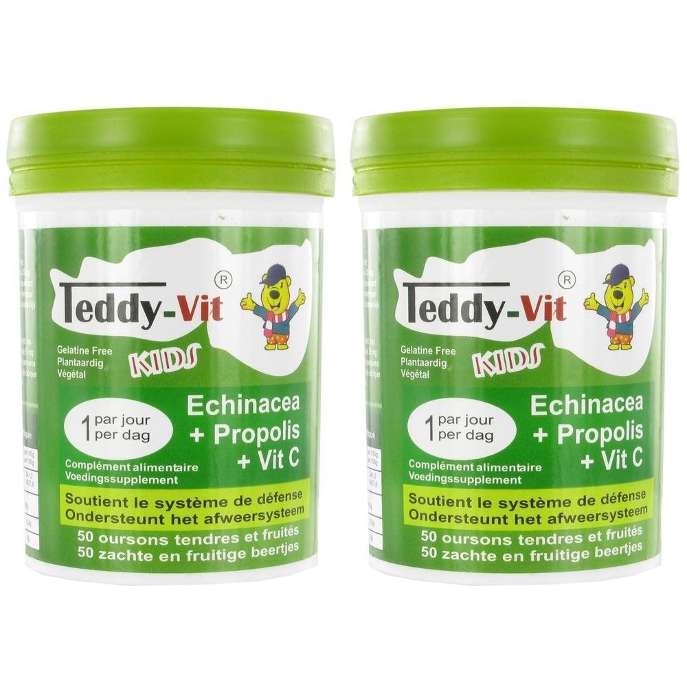 Deux pots Teddy-Vit Kids. Étiquettes vertes et blanches avec nom du produit, ingrédients et illustration d'ours. Couvercles verts.