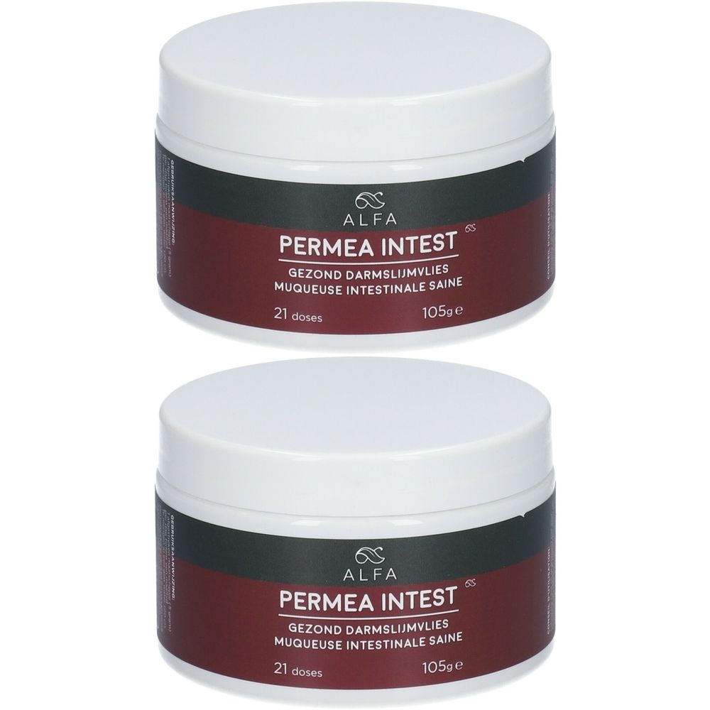 Deux pots blancs avec couvercles. L'étiquette indique "ALFA PERMEA INTEST". Texte en néerlandais et français.