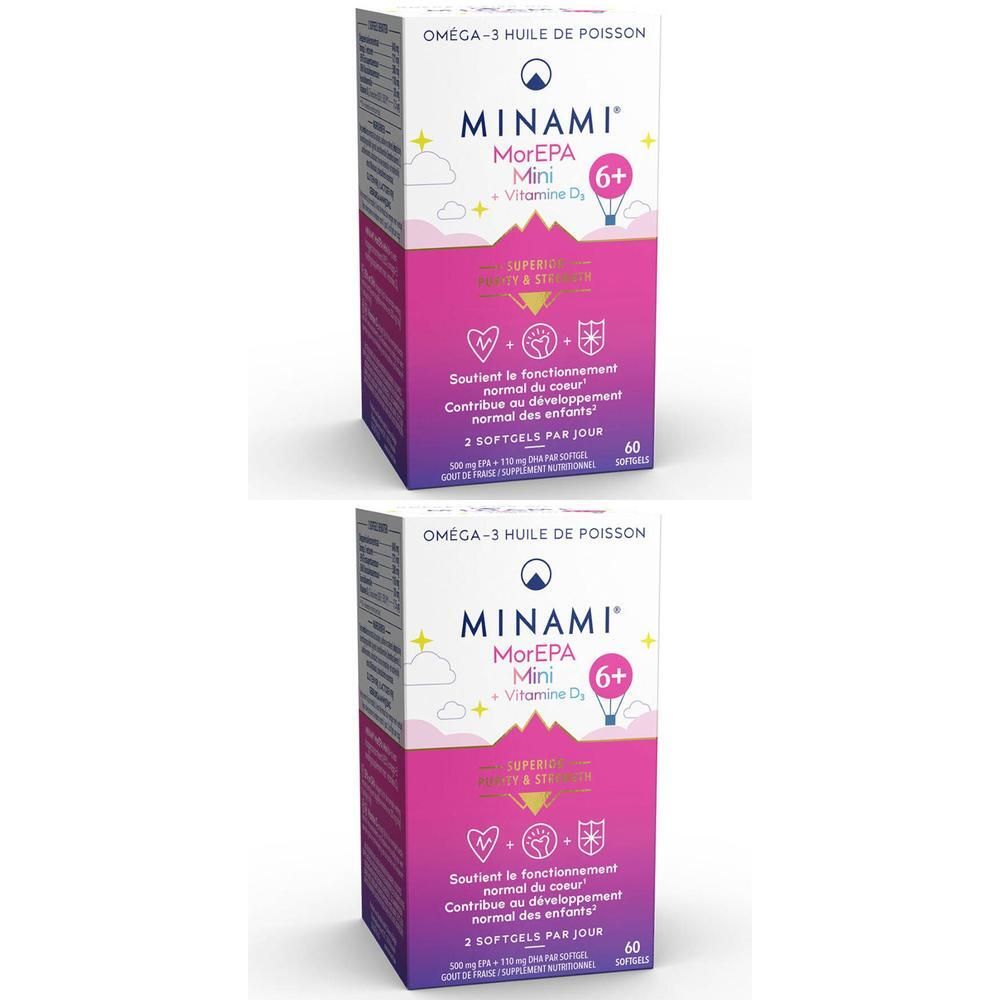 Deux boîtes de compléments alimentaires MINAMI MorEPA Mini 6+ Omega-3. Emballage blanc et rose avec nom et logos du produit.