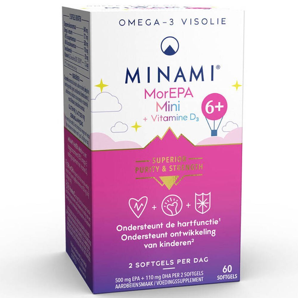 Complément alimentaire MINAMI MorEPA Mini 6+ Omega-3. Emballage blanc et rose avec nom du produit, logos et informations.