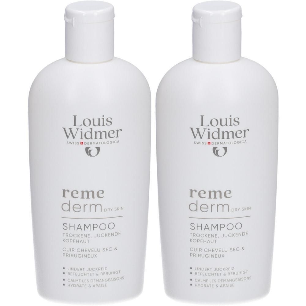 Deux flacons blancs de shampooing Louis Widmer Remederm. Inscription: reme derm, Shampoo, pour cuir chevelu sec et prurigineux.