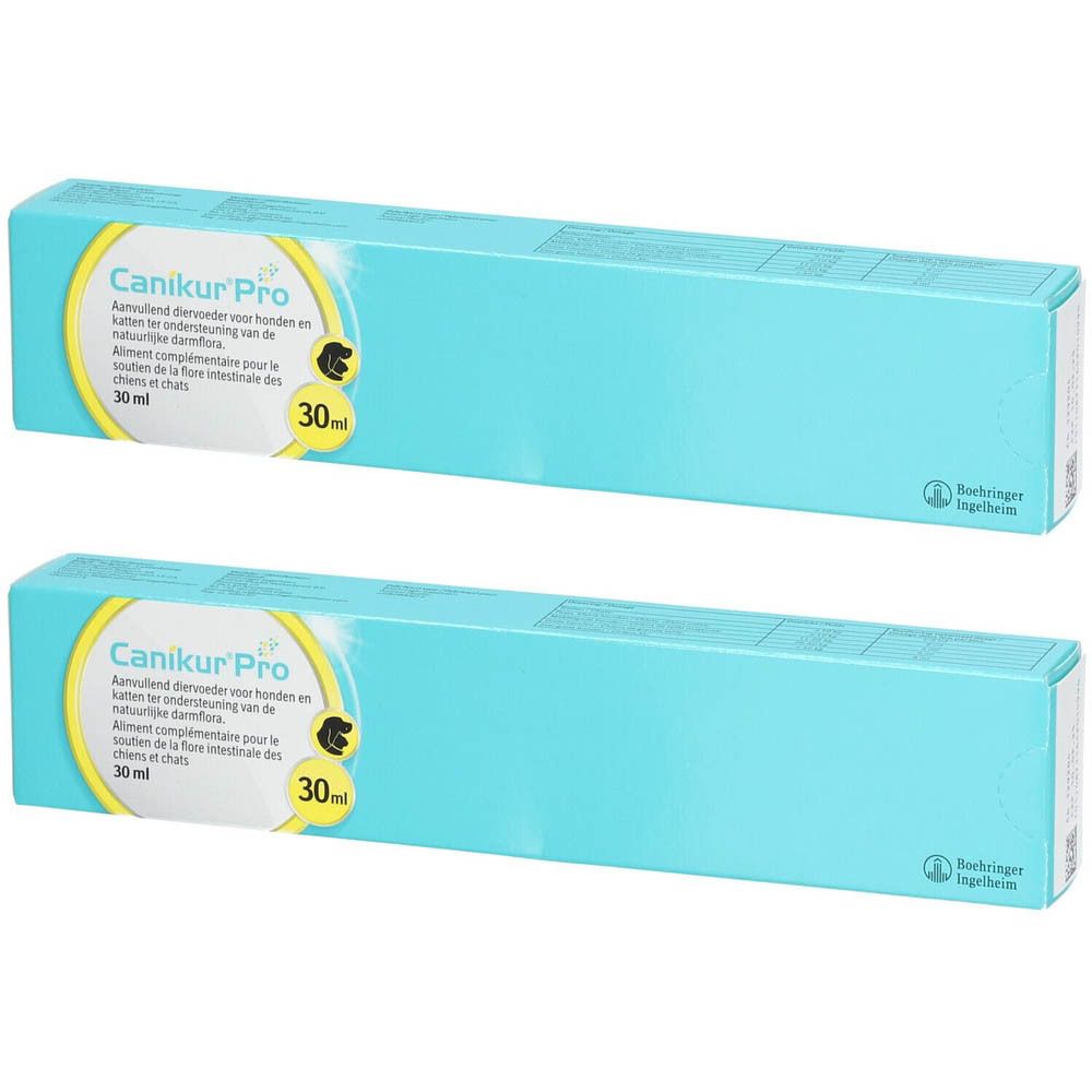 Deux boîtes turquoise avec "Canikur Pro". Chaque boîte contient 30 ml. Logo Boehringer Ingelheim.
