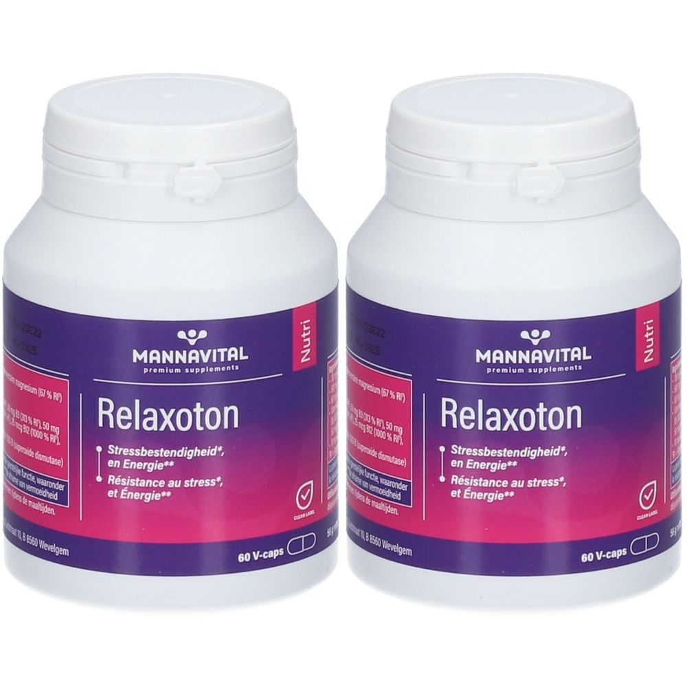 Deux flacons blancs avec couvercles. Inscription: MANNAVITAL Relaxoton. Étiquette violette et rose avec texte. 60 V-caps.
