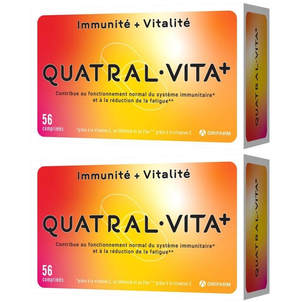 Deux paquets de Quatral Vita+ avec 56 comprimés. Inscription : Immunité + Vitalité. Emballage orange et blanc.
