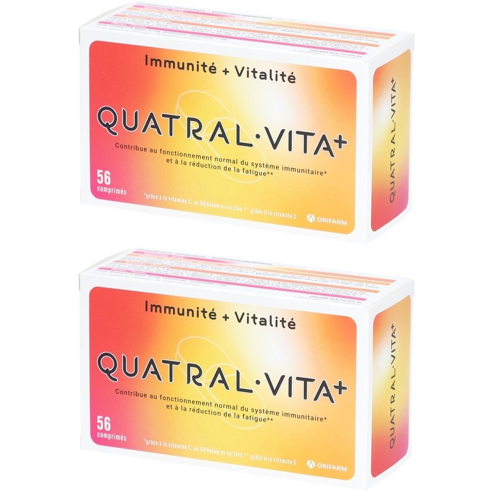 Deux boîtes de Quatral Vita+ avec 56 comprimés. Inscription : Immunité + Vitalité. Emballage orange et blanc.