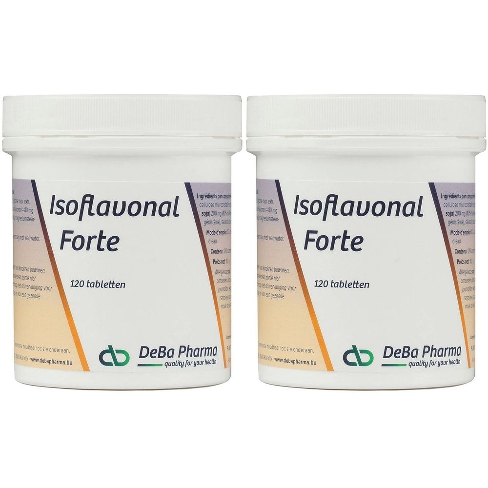 Deux boîtes blanches avec l'inscription "Isoflavonal Forte" et "120 tabletten". Logo DeBa Pharma.