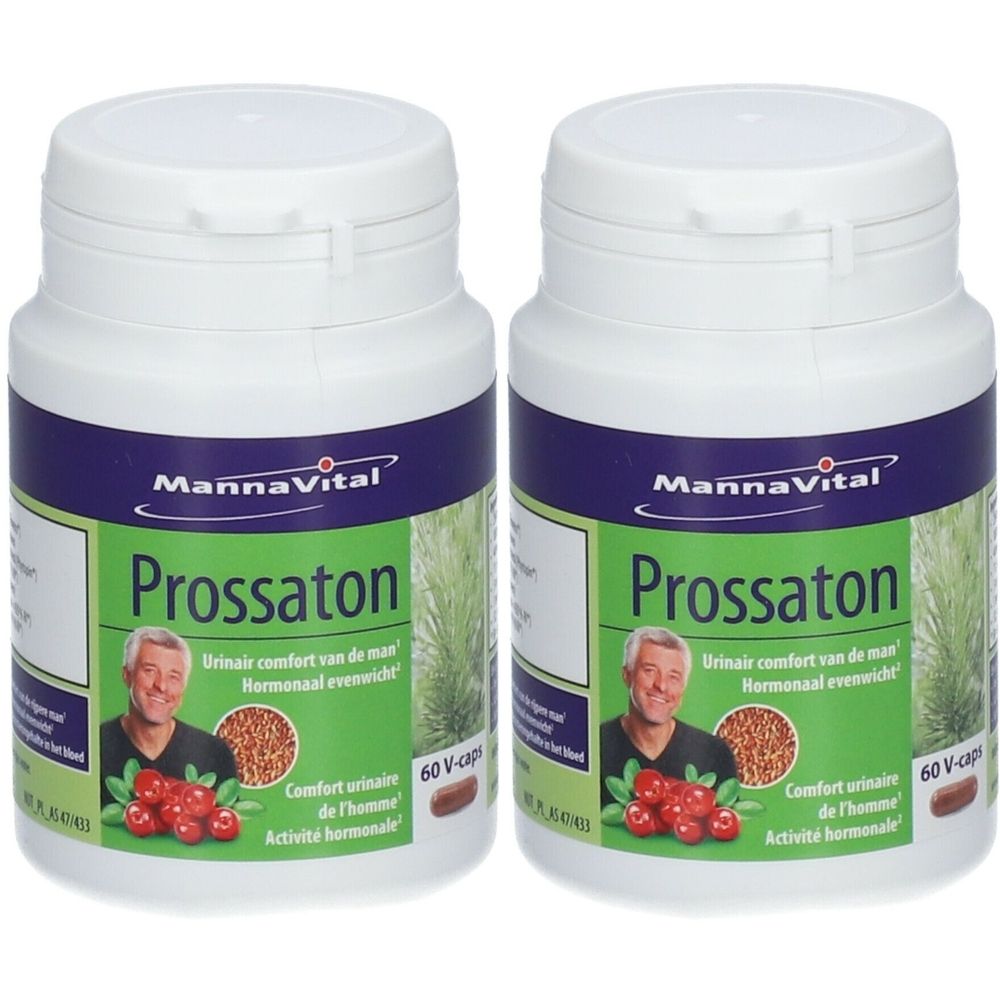 Deux flacons de Mannavital Prossaton. Bouchons blancs, étiquettes bleues avec nom et illustration. 60 V-caps.