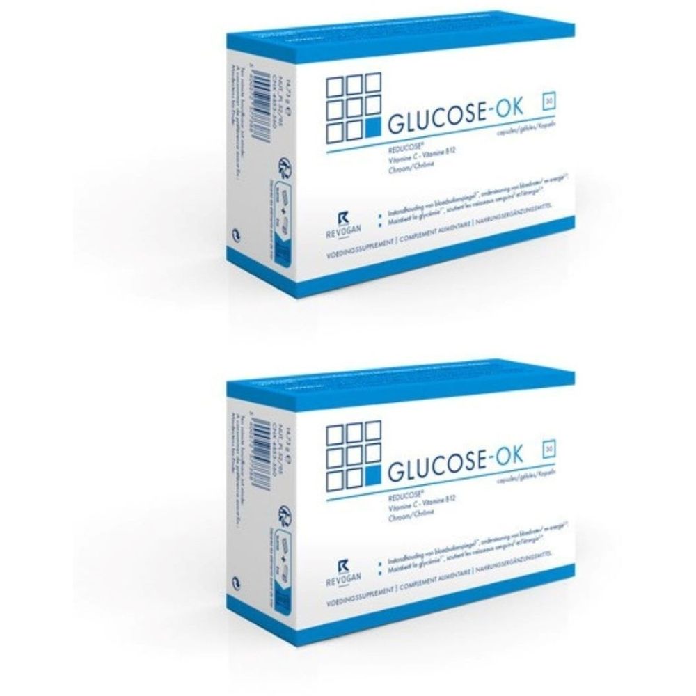 Deux boîtes blanches à couvercle bleu. Inscription GLUCOSE-OK. Contient vitamine C, vitamine B12, chrome et choline. Marque Revigar.