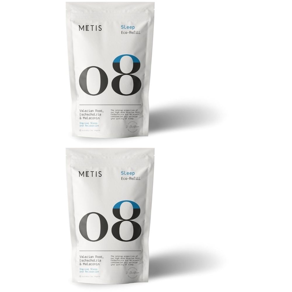 Deux sachets Metis Sleep Eco-Recharge. Blanc, accent bleu et grand "08" noir. Avec ombre portée.
