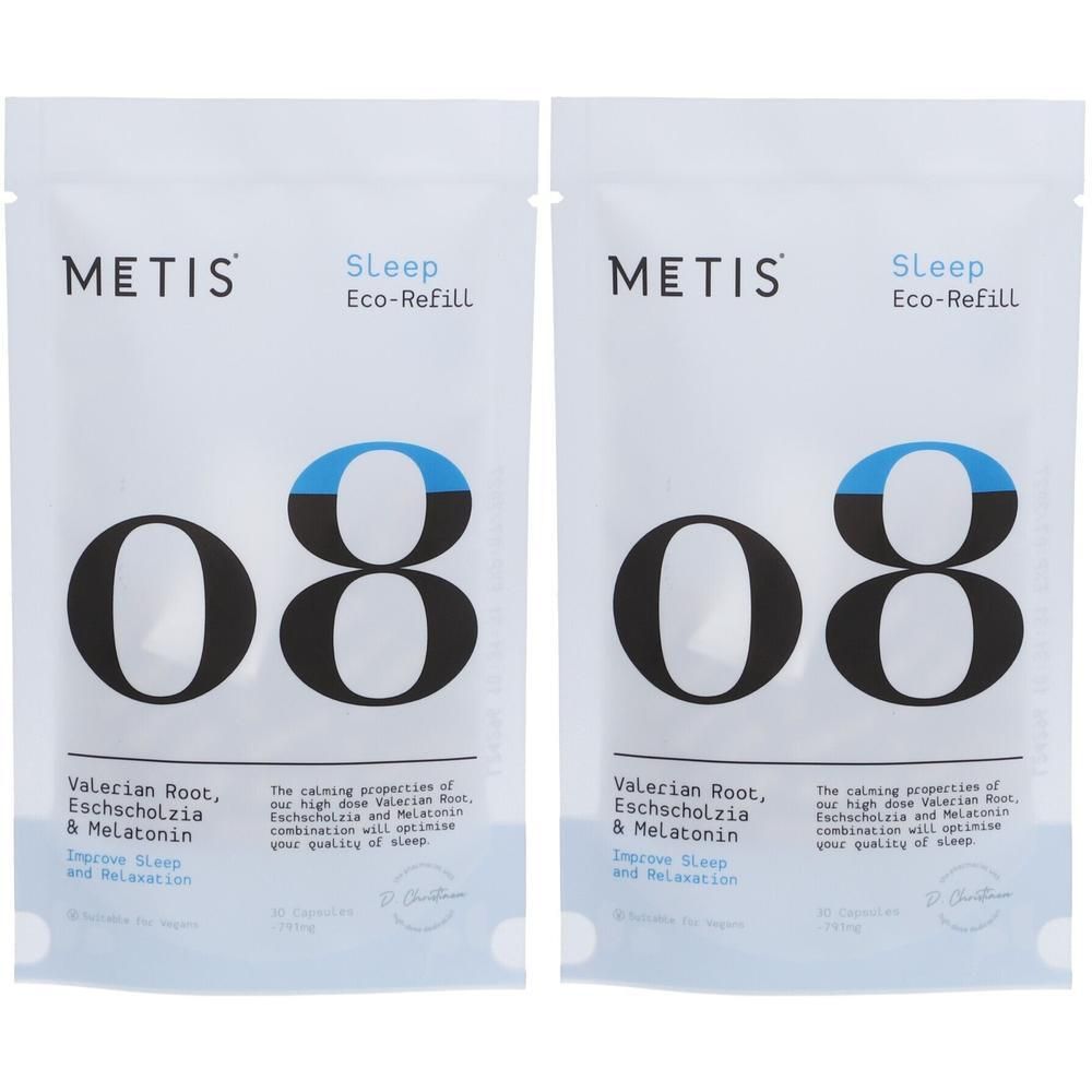 Deux sachets Metis Sleep Eco-Recharge. Blanc, accent bleu et grand "08" noir. Texte: Valerian Root, Eschscholzia & Melatonin.