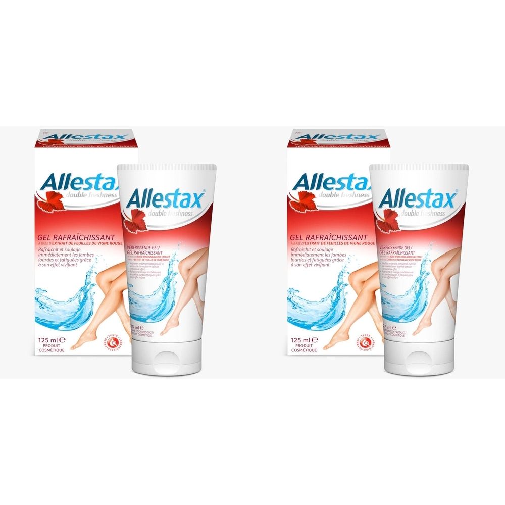 Deux tubes et boîtes Allestax Gel. Inscription: Gel rafraîchissant. Illustration de jambes et d'eau.