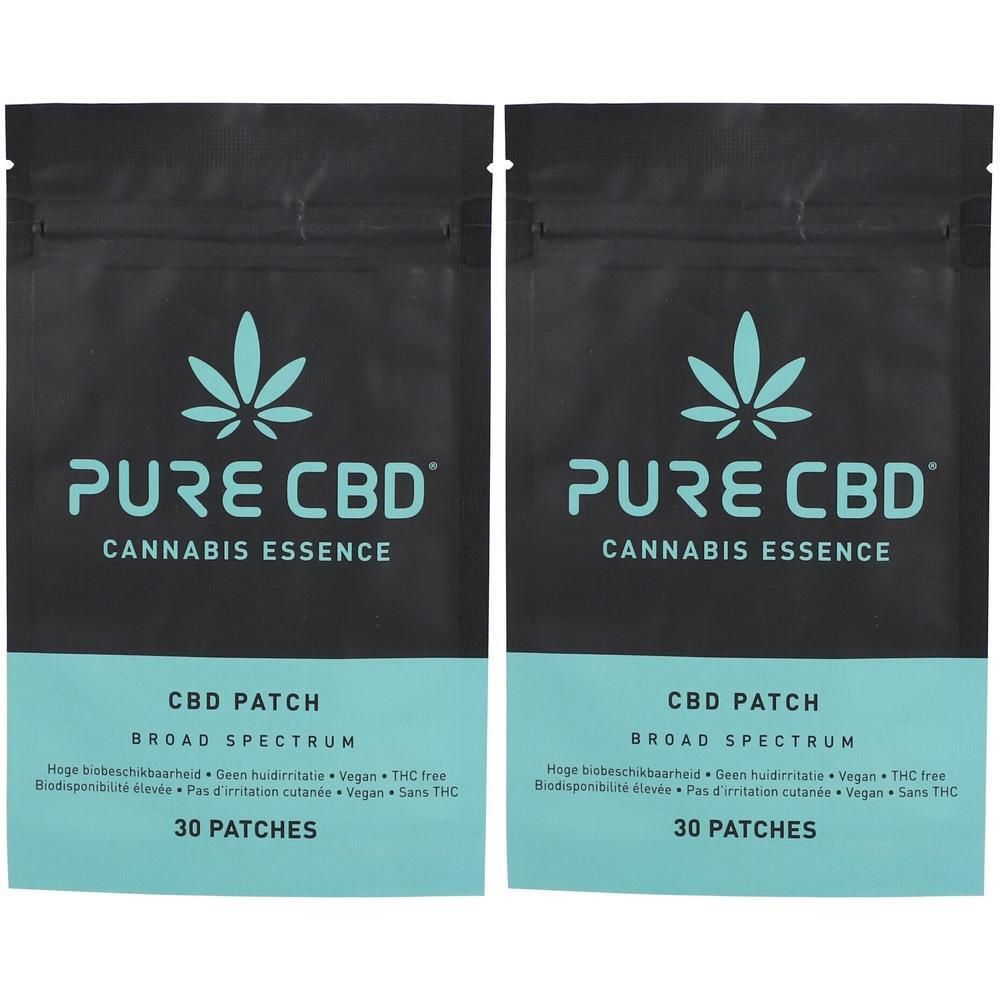 Deux paquets de Pure CBD Patches. Sachets noirs avec bande turquoise. Inscription : Pure CBD, Cannabis Essence, CBD Patch, 30 Patches.