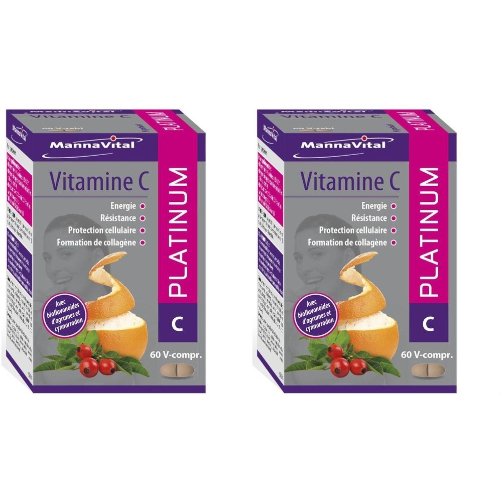 Deux boîtes de Mannavital Vitamine C Platinum. Inscriptions: Energie, Résistance, Protection cellulaire, Formation de collagène. 60 V-compr.