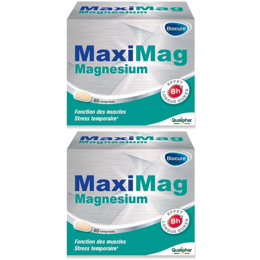 Deux boîtes de MaxiMag Magnesium. Emballage bleu et blanc avec nom du produit et informations. Logo Qualiphar.