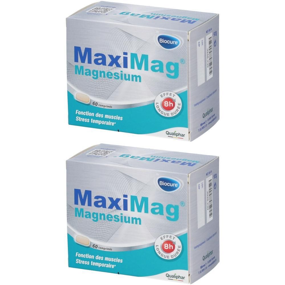 Deux boîtes de MaxiMag Magnesium. Emballage bleu et blanc avec nom du produit et informations. Logo Qualiphar.