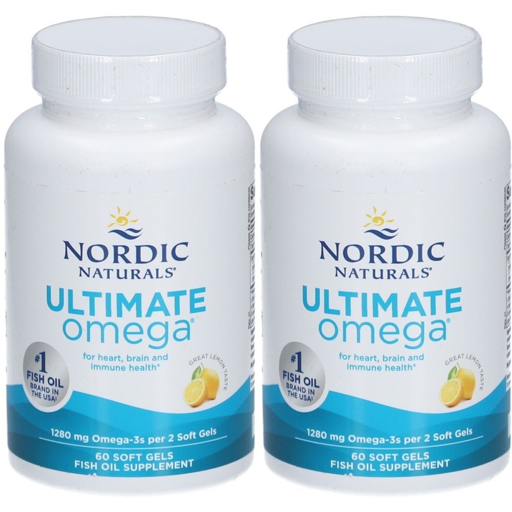 Deux flacons de Nordic Naturals Ultimate Omega. Bouteilles blanches avec texte bleu. Contient 60 gélules. Goût citron.