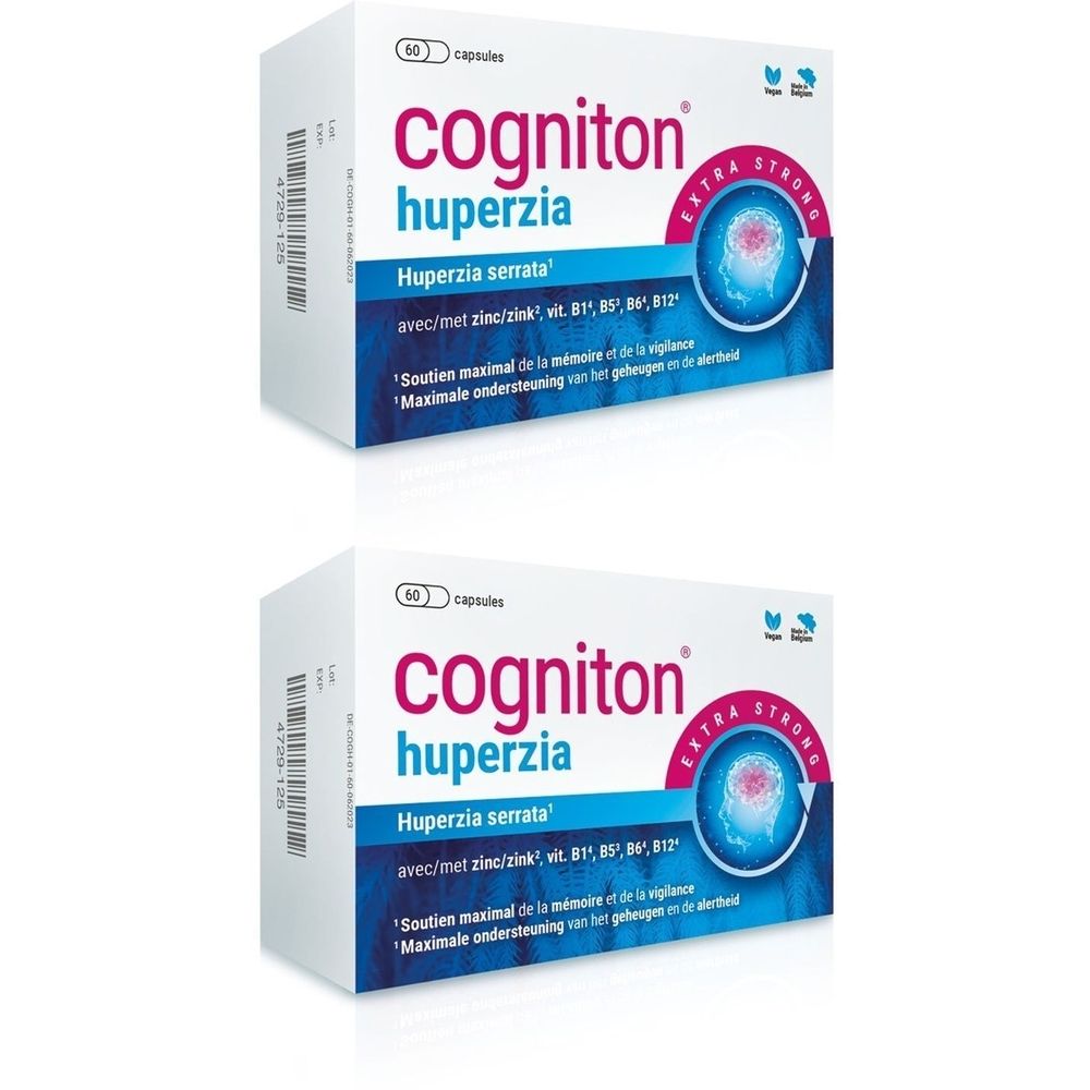Deux boîtes de Cogniton Huperzia. Inscription : Huperzia serrata, avec zinc, vitamines. Extra Strong. 60 capsules.