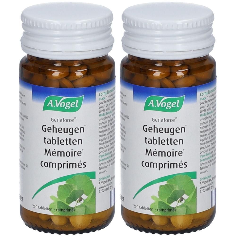 Deux flacons de comprimés A.Vogel Geriaforce. Comprimés bruns dans des flacons en verre avec couvercle blanc. Étiquetage en allemand et français.