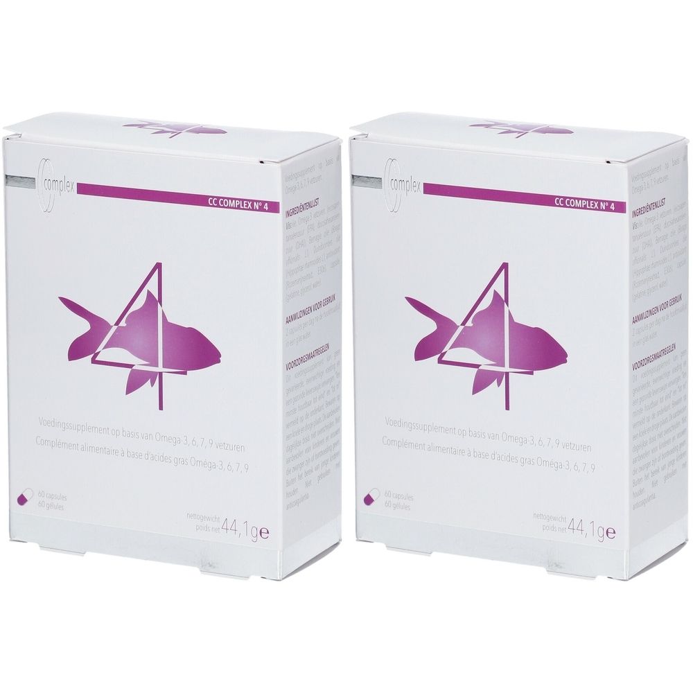 Deux boîtes blanches avec logo poisson violet et texte. Inscription: CC COMPLEX N° 4. 44,1 g.