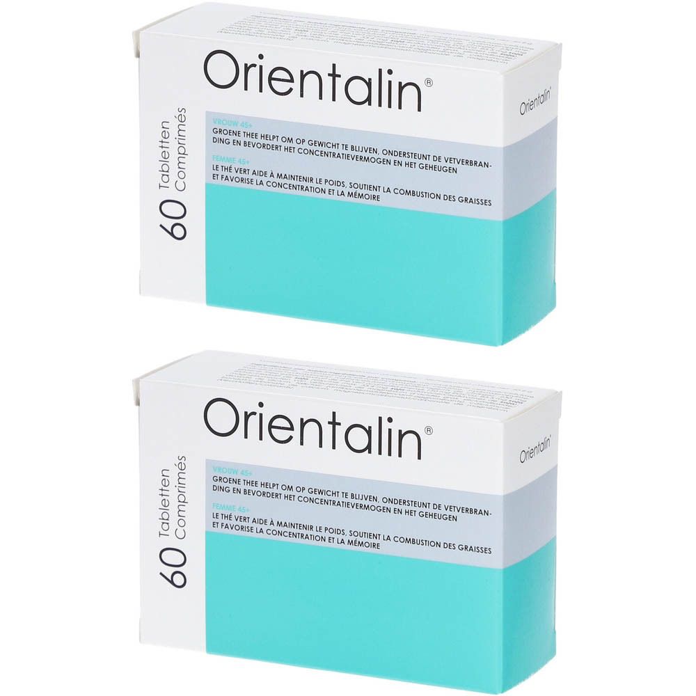 Deux boîtes d'Orientalin. Boîtes blanches avec zone turquoise et grise. Inscription: Orientalin, 60 comprimés.