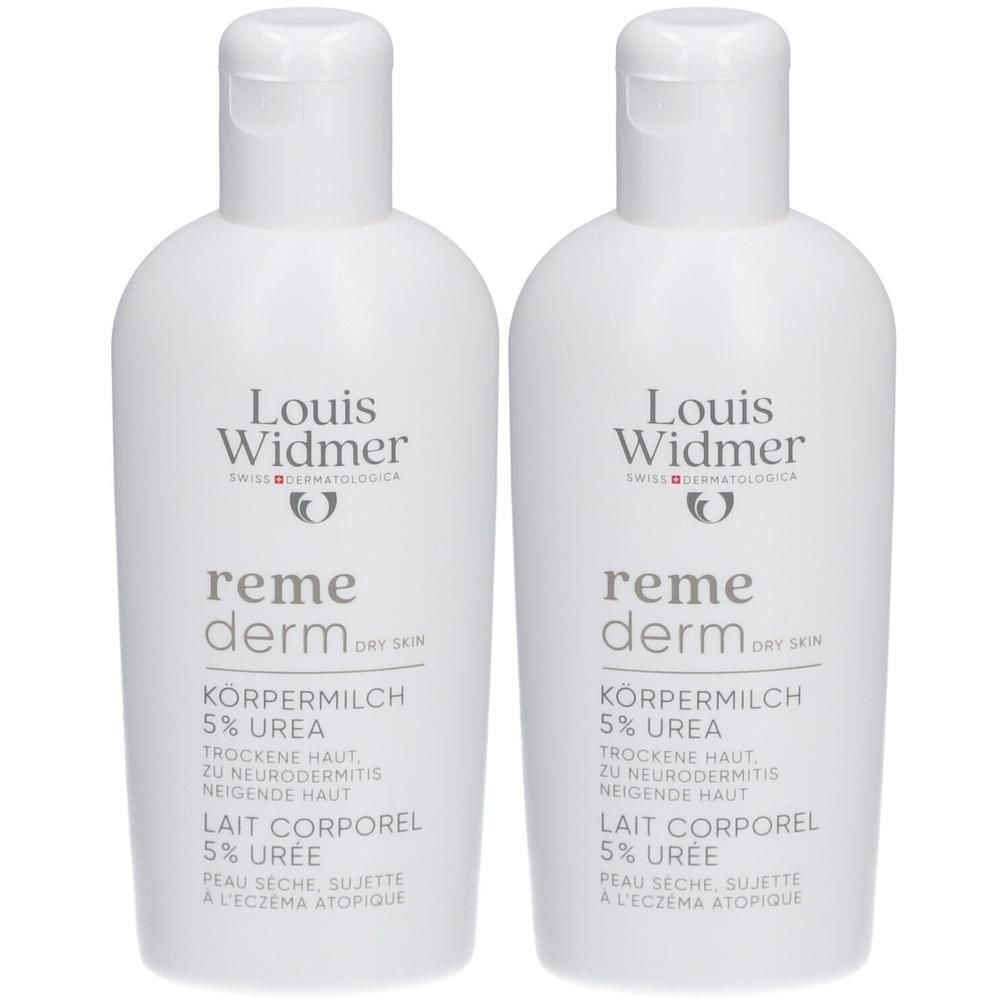 Deux flacons blancs Louis Widmer Remederm. Inscription: Lait corporel 5% urée. Pour peau sèche, sujette à l'eczéma atopique.