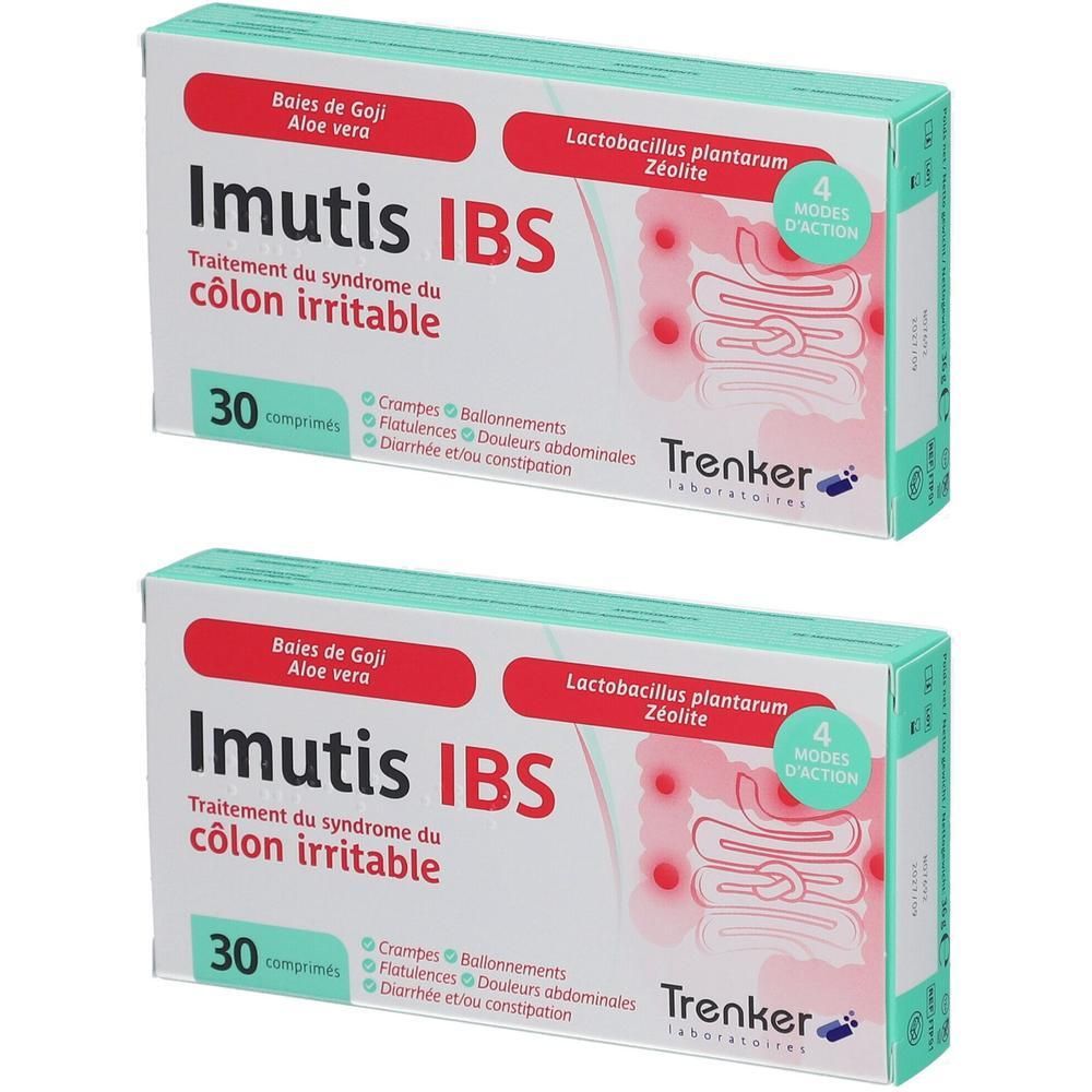 Deux boîtes d'Imutis IBS, avec texte rouge et blanc. Indique 30 comprimés, ainsi que des informations sur les ingrédients et les indications.