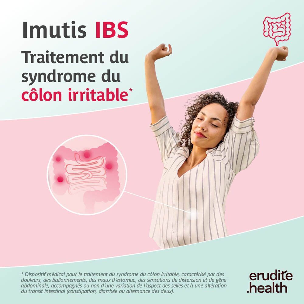 Imutis IBS : Traitement du syndrome du côlon irritable. Montre une femme s'étirant et un schéma de l'intestin.