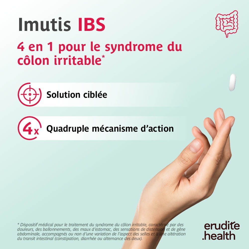 Main avec comprimé et icônes pour solution ciblée et quadruple mécanisme d'action.