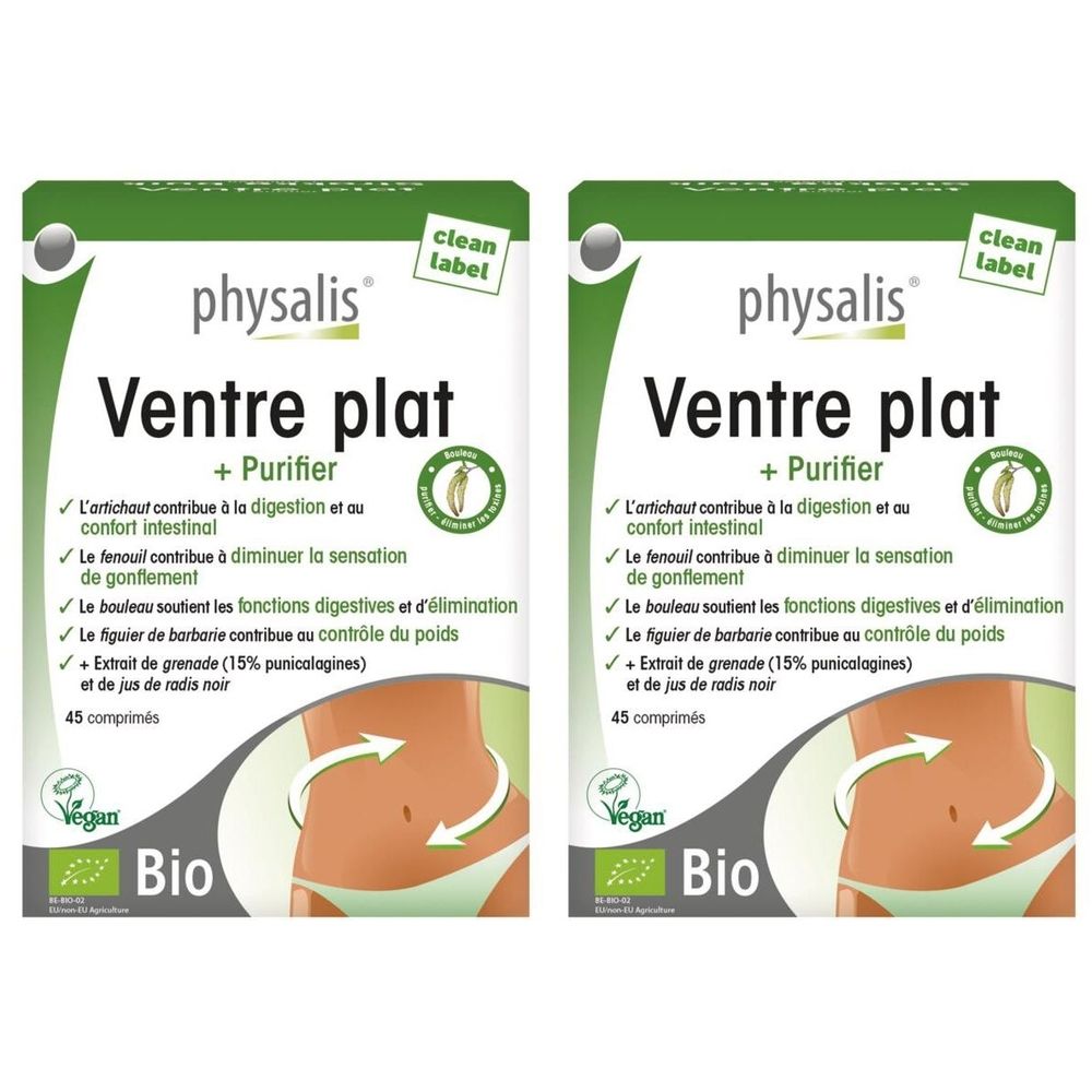 Deux boîtes vertes "physalis Ventre plat + Purifier". Logo Vegan Bio. Texte en français.