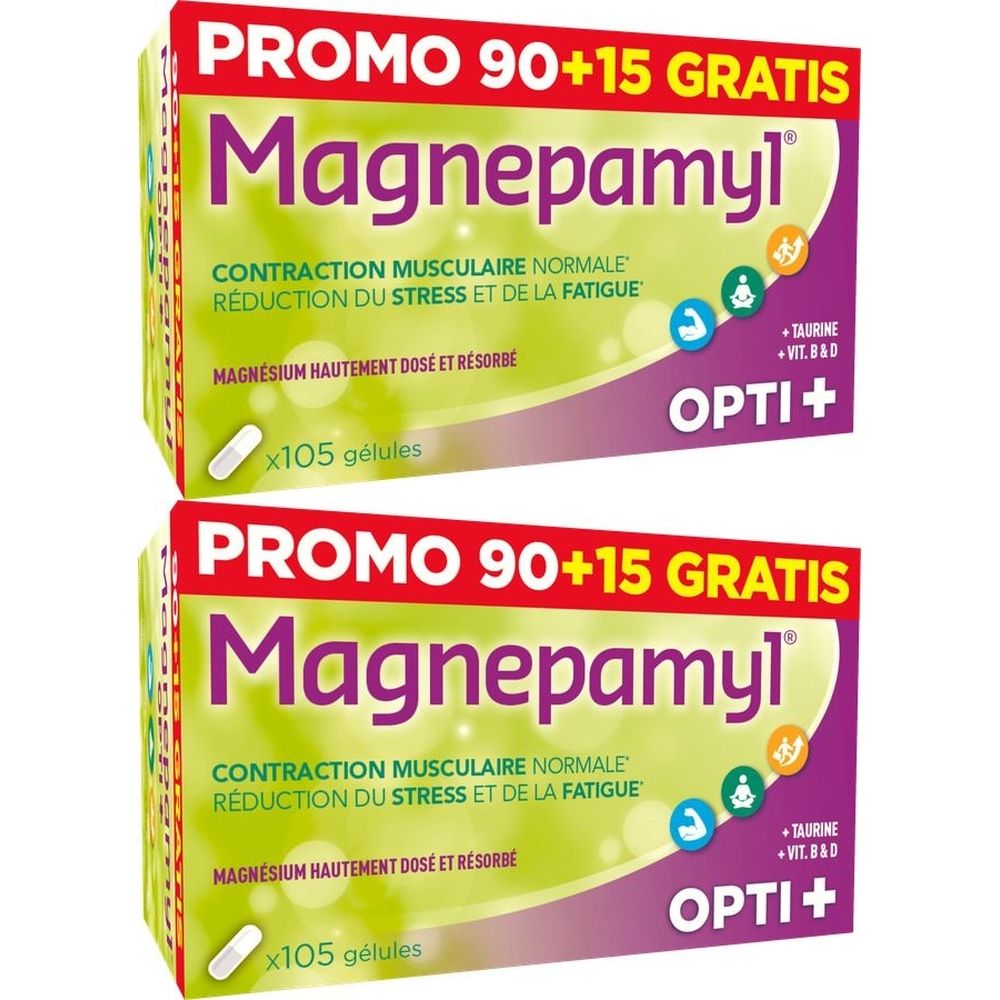 Deux boîtes de Magnepamyl avec gélules. Inscription : Promo 90+15 Gratis.