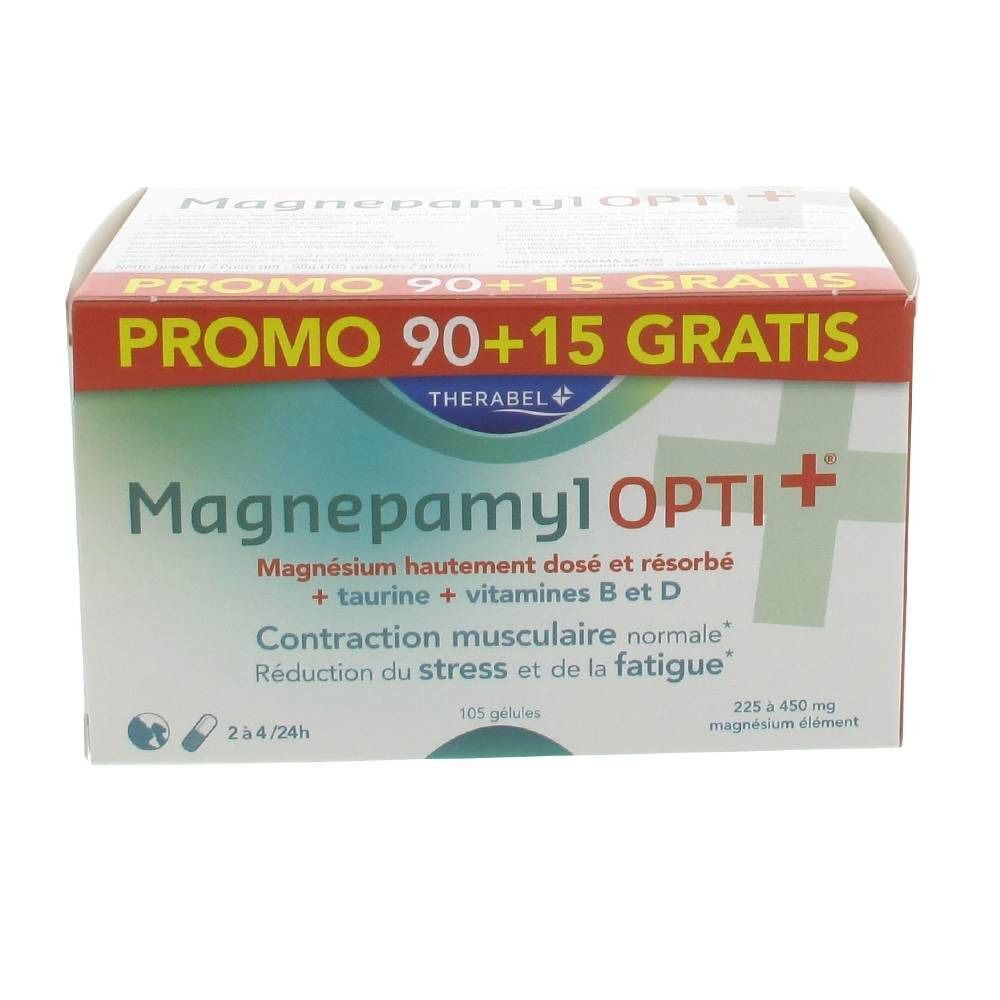 Boîte de Magnepamyl Opti+ avec gélules en plaquettes. Inscription : Promo 90+15 Gratis.