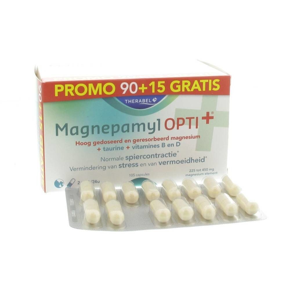 Boîte de Magnepamyl Opti+ avec gélules en plaquettes. Inscription : Promo 90+15 Gratis.