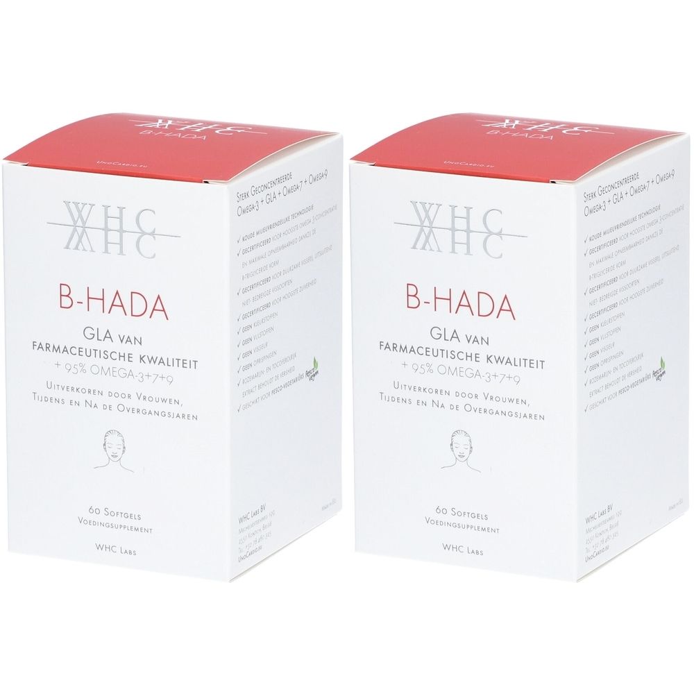 Deux boîtes blanches avec couvercles rouges. Inscription : WHC B-HADA, GLA VAN FARMACEUTISCHE KWALITEIT, 95% OMEGA 3+9. 60 gélules.